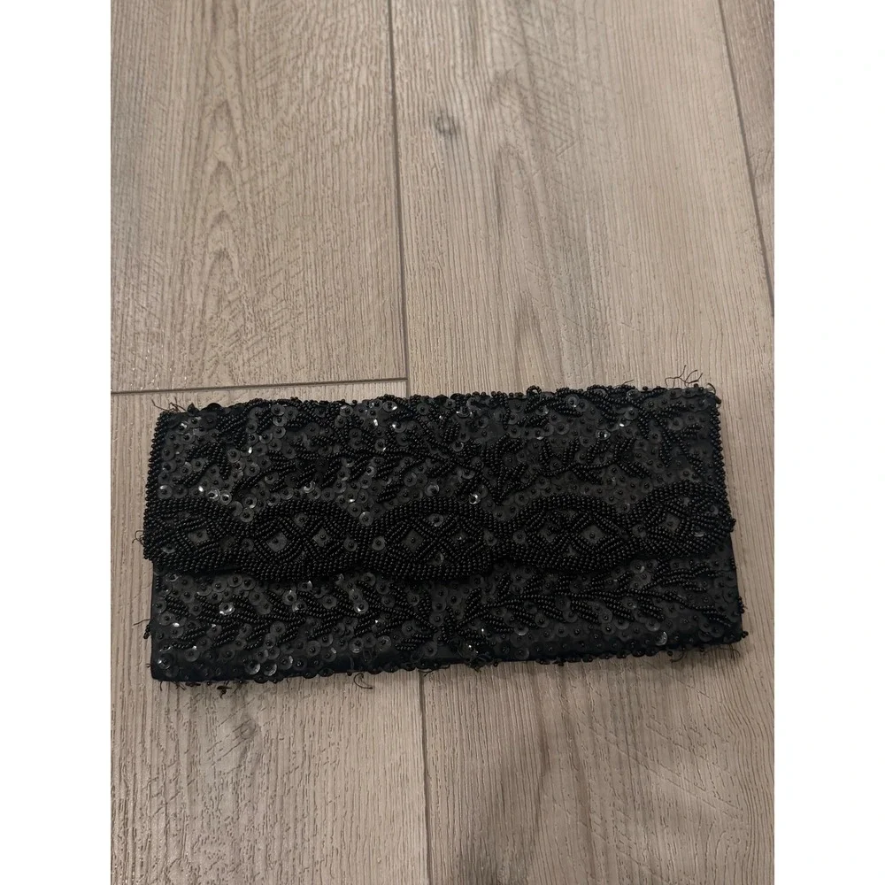 Vintage Black Beaded Clutch Bag Handmade in Hong‎ Kong Sequin Evening Purse